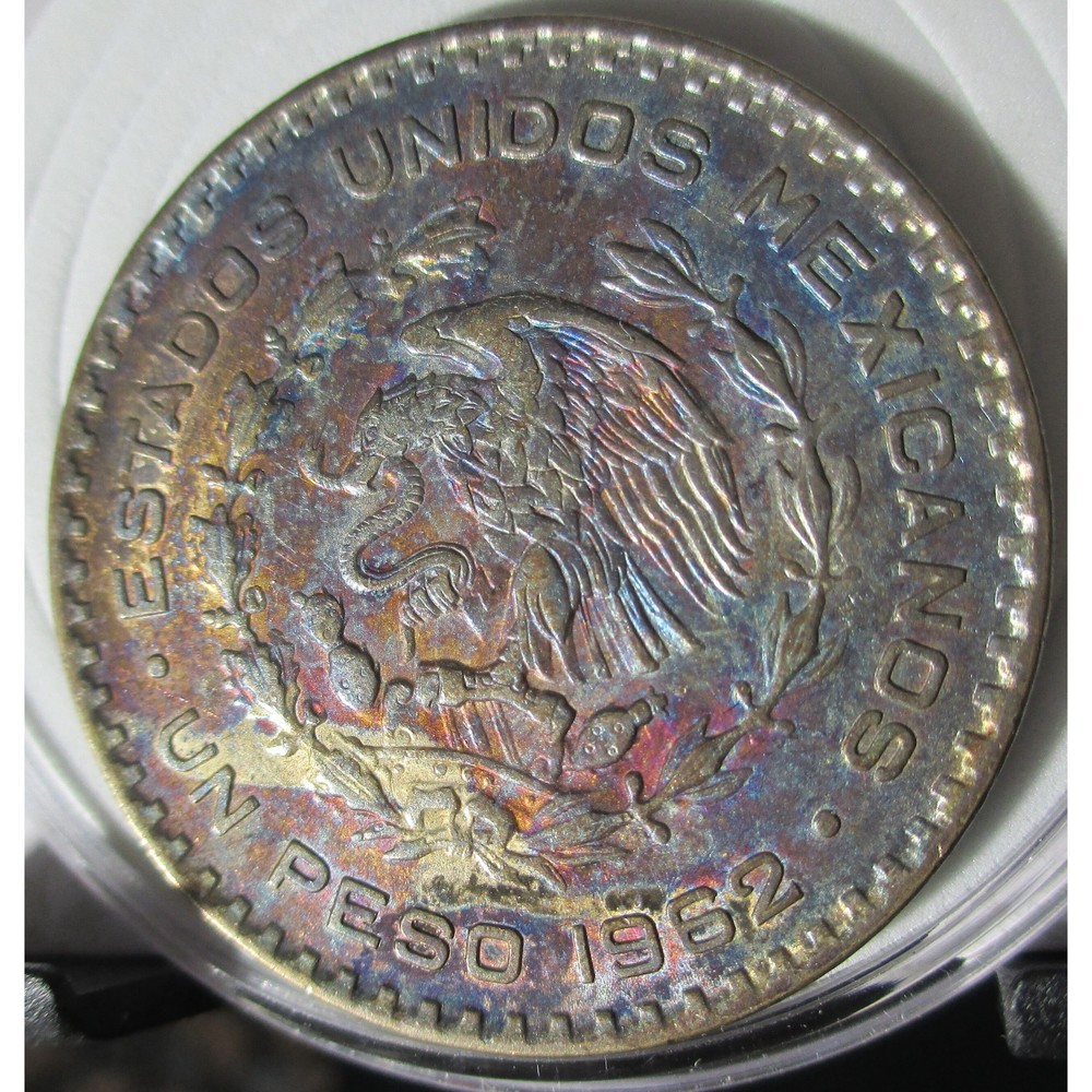 1962-MO Mexican UNO 1 Peso — Silver—Rainbow STUNNING!! Tone